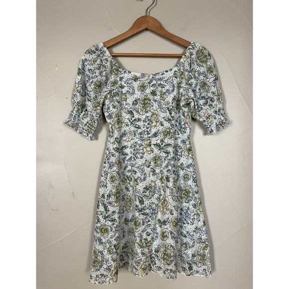 7 For All Mankind Floral mini dress cotton Eyelet Puff Sleeve Cottagecore , XS - Picture 2 of 8